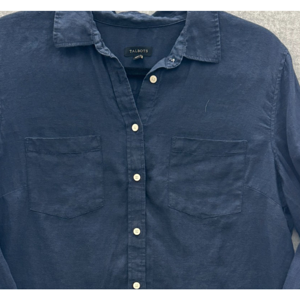 Talbots 100% Linen Button Up Shirt Sz L Navy Blue Pockets Coastal Minimalist - Picture 2 of 8